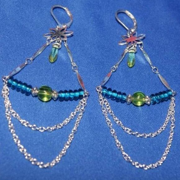 Handmade Glass Bead & Silver Plated Chandelier Long Dangle Earrings - Picture 2 of 5